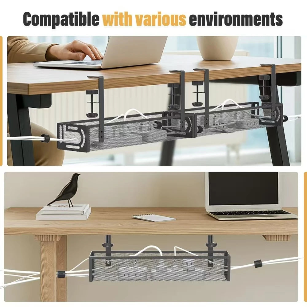 Under-Desk Cable Management Tray (No Drilling Required), Clip-On Metal Mesh Cable Management Tray, Home Office Cable Organiser