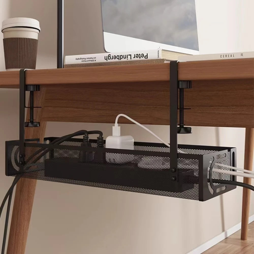 Under-Desk Cable Management Tray (No Drilling Required), Clip-On Metal Mesh Cable Management Tray, Home Office Cable Organiser