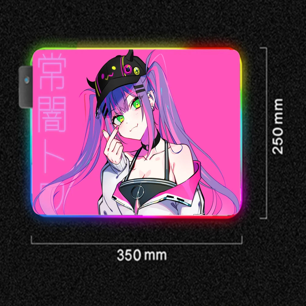 Pink Cute Girl Anime RGB Mousepad Tokoyami Towa Laptop Desktop Mousepad XXL Led Mouse Pad Backlit Keyboard Mat Gaming Mouse Pad