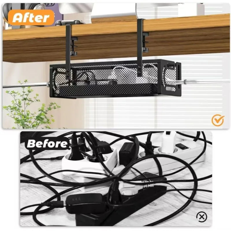 Under-Desk Cable Management Tray (No Drilling Required), Clip-On Metal Mesh Cable Management Tray, Home Office Cable Organiser